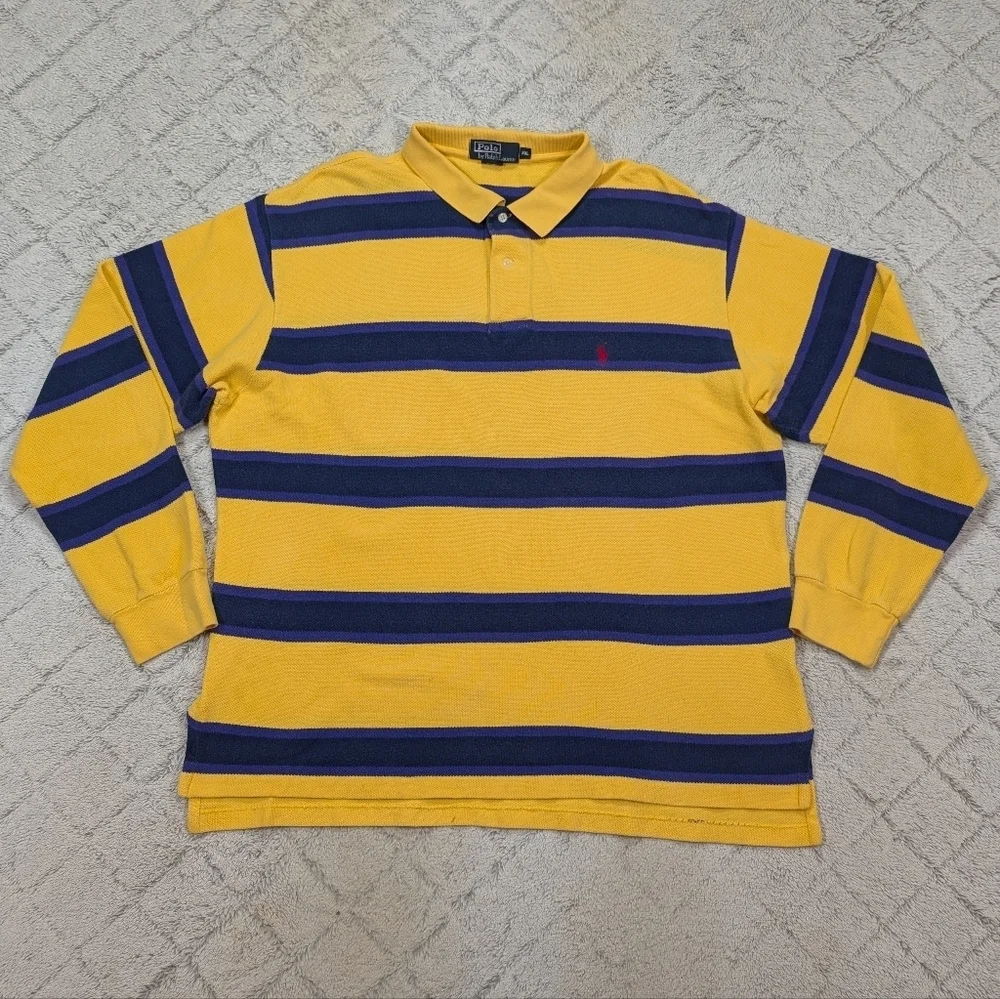 VTG Polo Ralph Lauren Shirt Mens XXL Yellow Stripe Polo Textured Pique Preppy